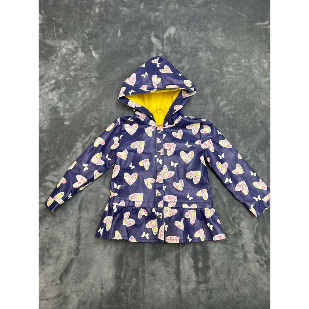 Nannette Kids Girls Navy Blue Heart Butterfly Print Hooded Raincoat Size 4